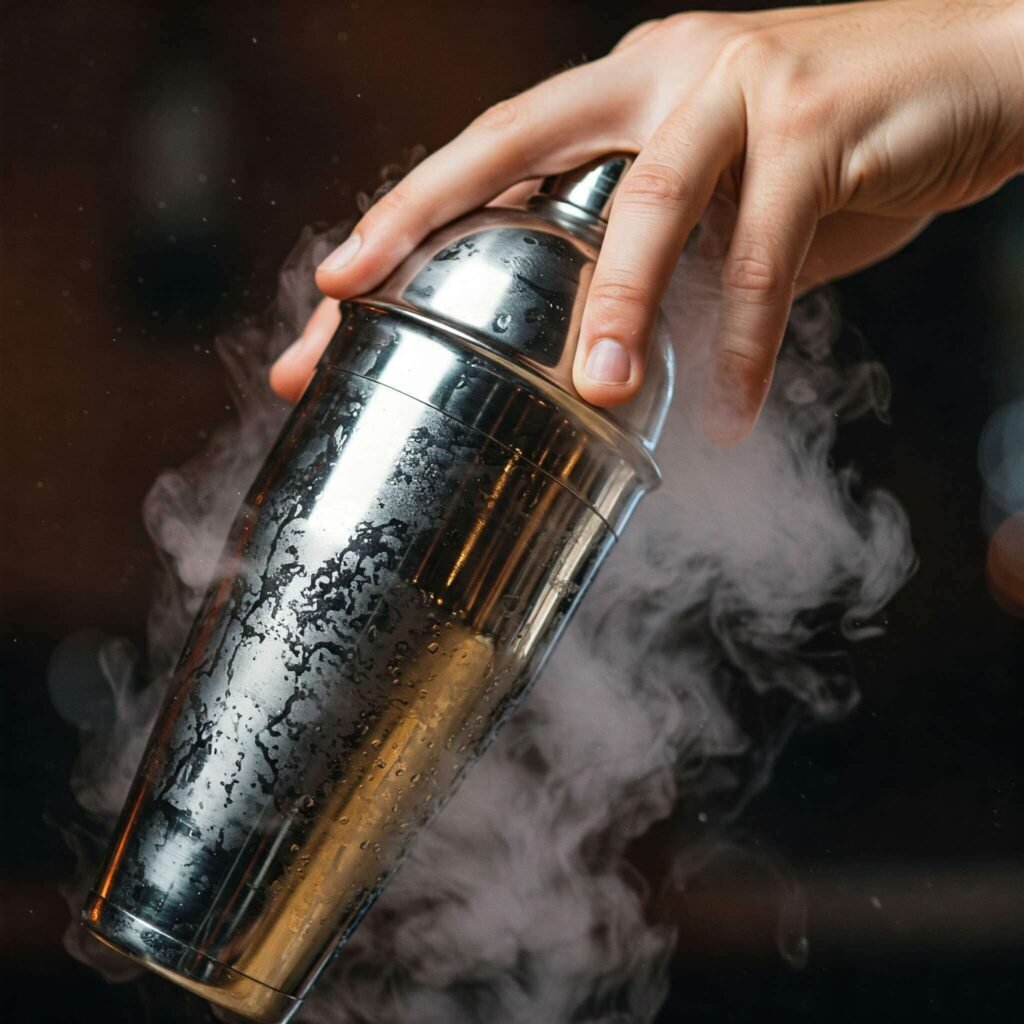 Energetic bartender shaking a cocktail shaker