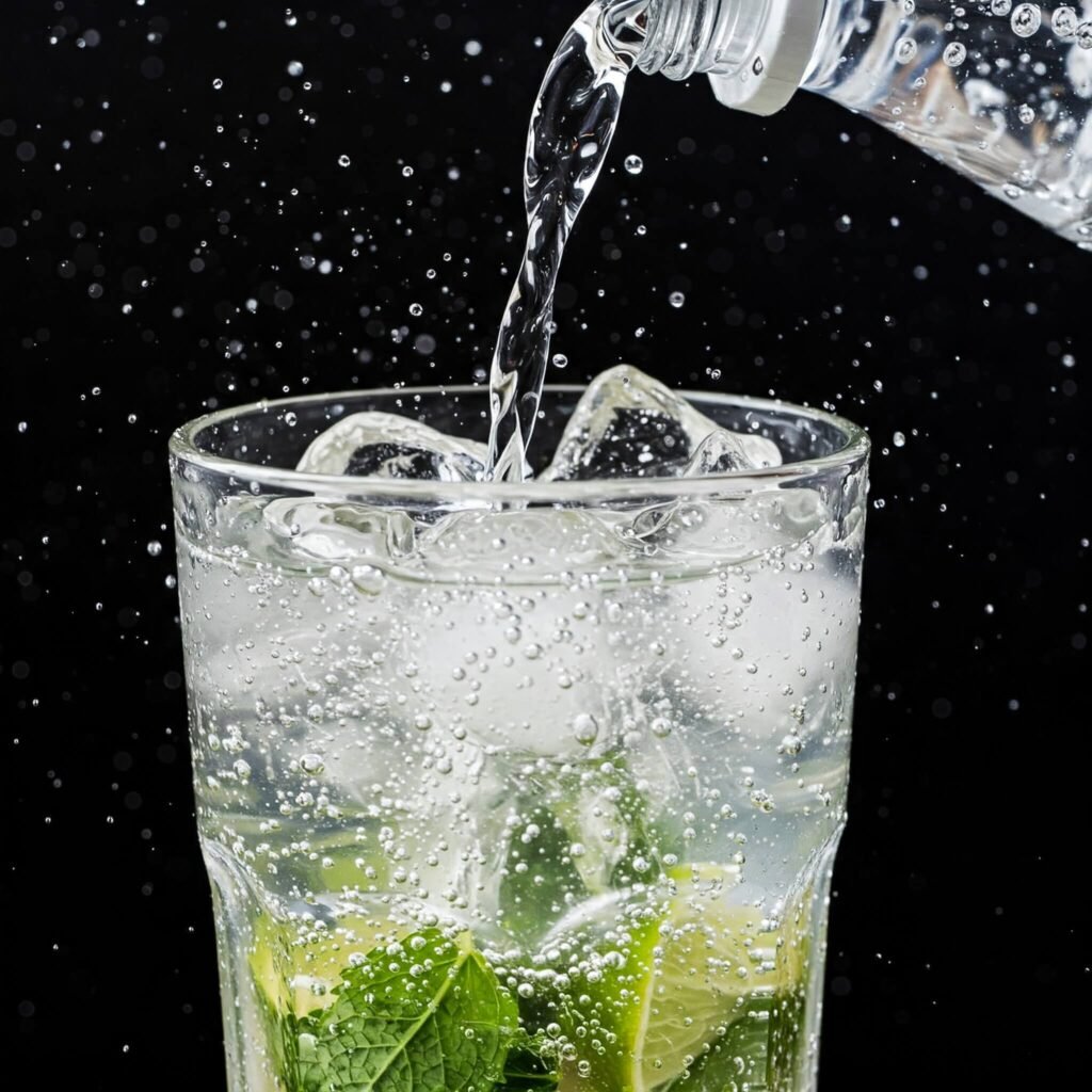 A Mojito Being Topped with Soda Water and Ice for a Refreshing Fizz