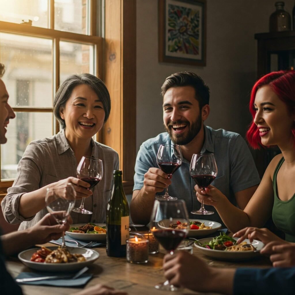Friends enjoying wine with a meal