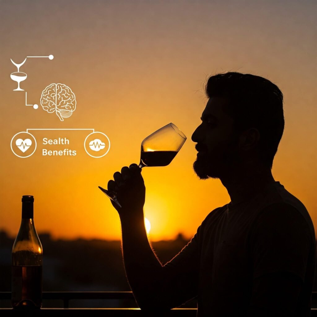 Man enjoying wine at sunset, health benefits