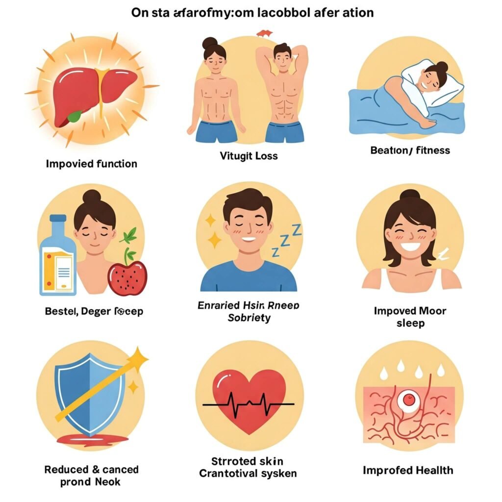 "Benefits of quitting alcohol: healthy liver, weight loss, better sleep, improved mood, reduced cancer risk, heart health, better skin."