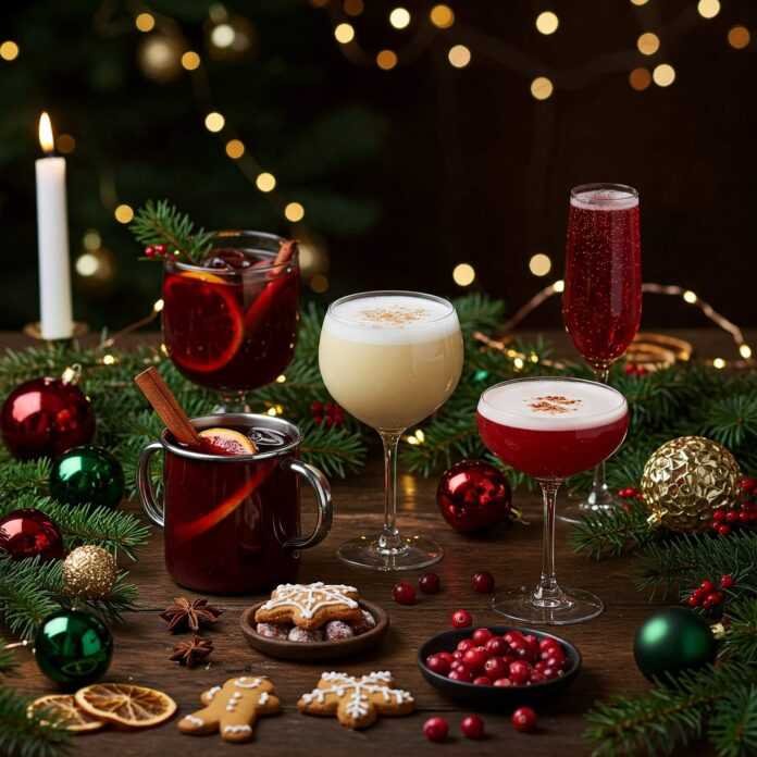 Festive Holiday Table Setting with Delicious Cocktails and Decorations Festive Holiday Table Setting with Delicious Cocktails and Decorations