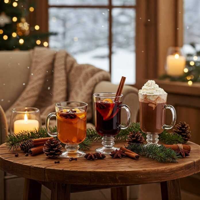 Cozy winter drinks on a rustic table Cozy winter drinks on a rustic table
