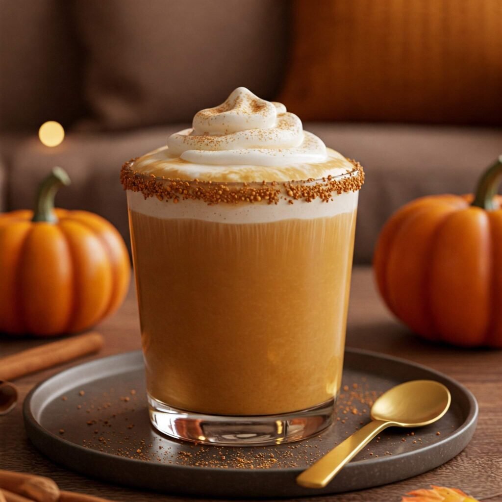 Cozy pumpkin spice latte in a warm living room