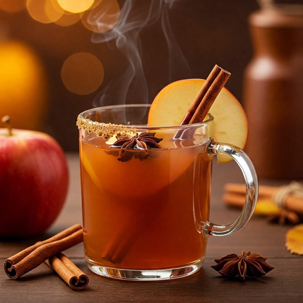 Apple cider with cinnamon and apple garnish