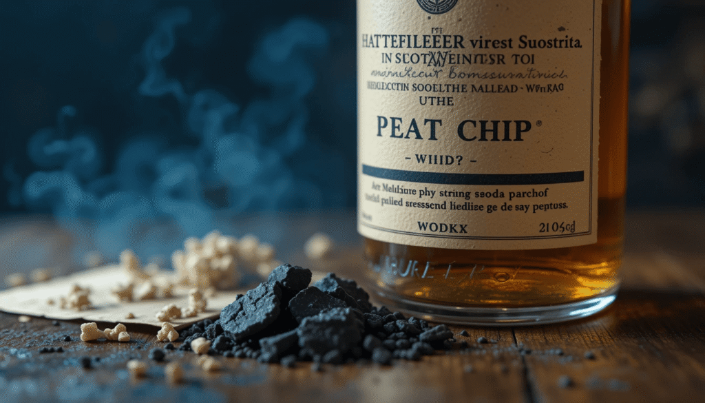 a Scotch bottle, spilled peat chip, crumpled tasting note