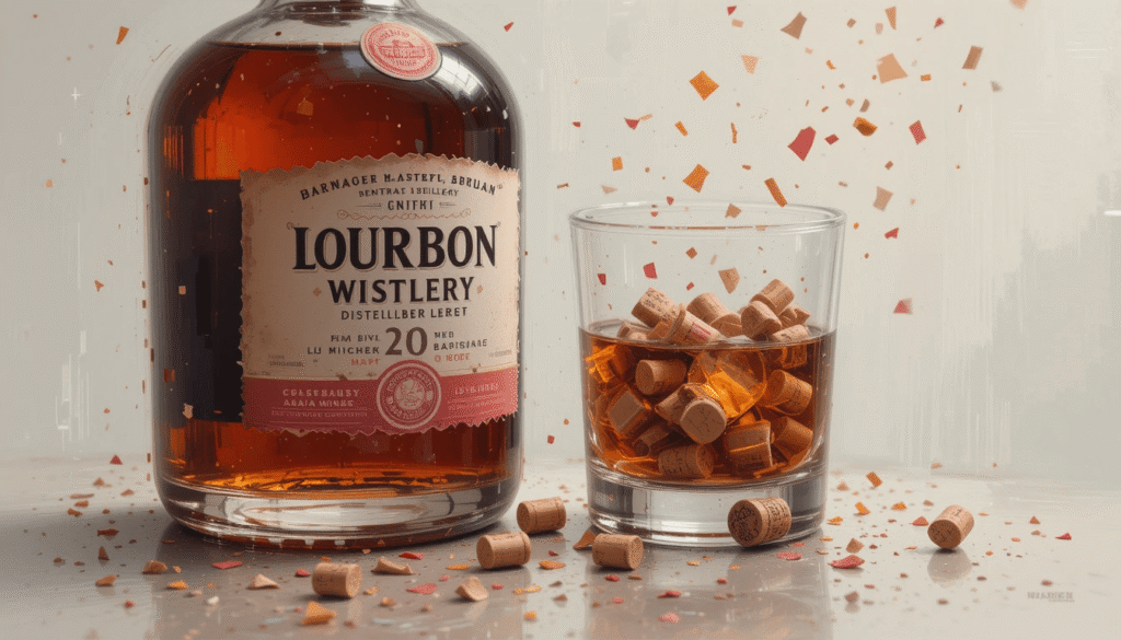 a bourbon bottle, distillery photo on phone, smudged glass