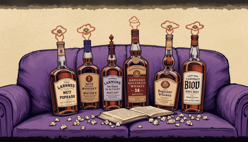 whiskey bottles, beginner’s whiskey book, spilled popcorn on couch