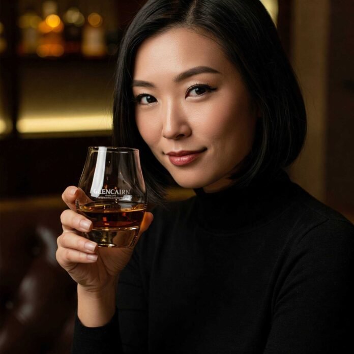 Stylish woman enjoys whisky.