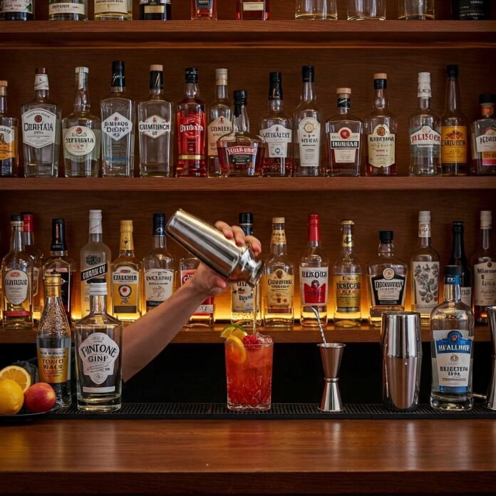 A Cozy Home Bar Scene with Someone Making a Cocktail.