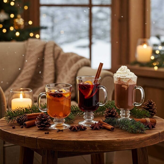 Cozy winter drinks on a rustic table