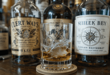 Scotch vs Whiskey vs Bourbon: A Beginner’s Guide three bottles with curling labels, cracked glass with compass pool