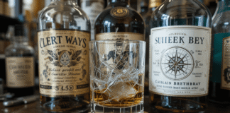 Scotch vs Whiskey vs Bourbon: A Beginner’s Guide three bottles with curling labels, cracked glass with compass pool