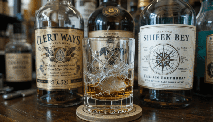 three bottles with curling labels, cracked glass with compass pool